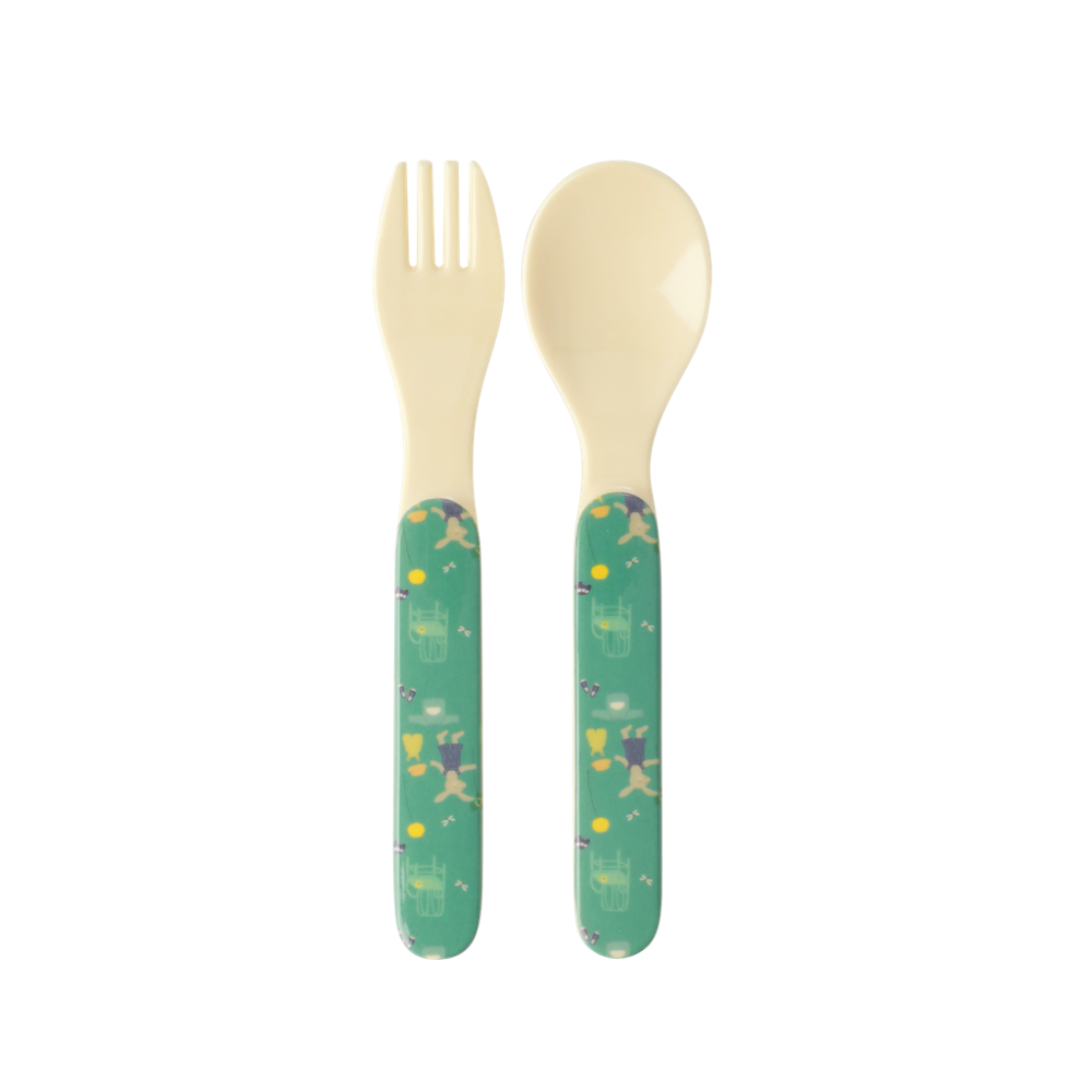 Kids Melamine Spoon and Fork Set Green Bunny Print by Rice DK